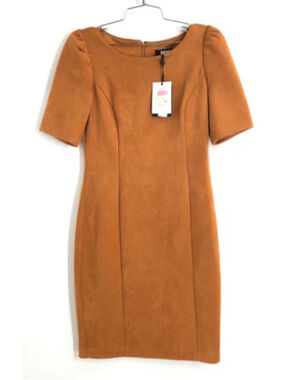 DKNY Women's Camel Faux Suede Puff Short Sleeve Sheath Mini Dress NWT Size 4